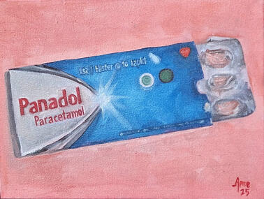 ’Painkiller’ oil paint on canvas (15 x 20 cm)